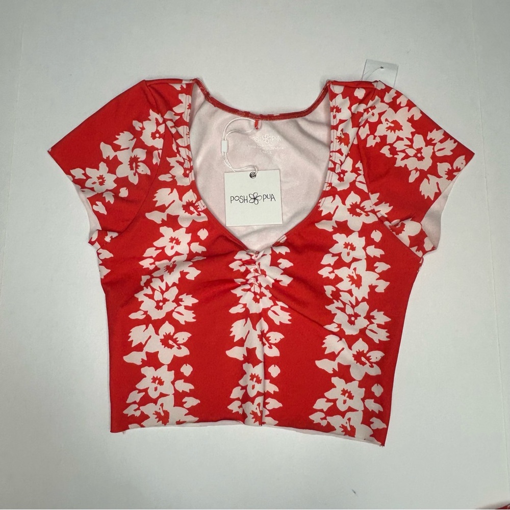 Posh Pua Aloha Maka Borabora Red & White Floral Crop Surf Top Beachy Island